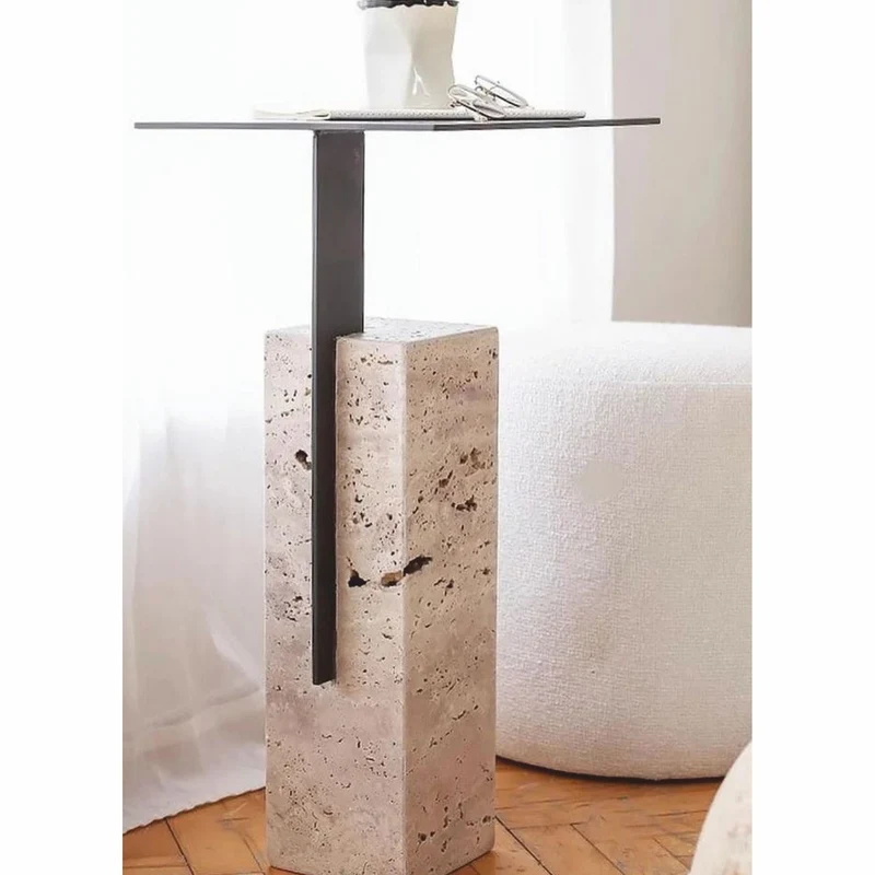 Casa Padrino Luxus Travertin Beistelltisch mit Metall Tischplatte Beige / Schwarz H. 70 cm