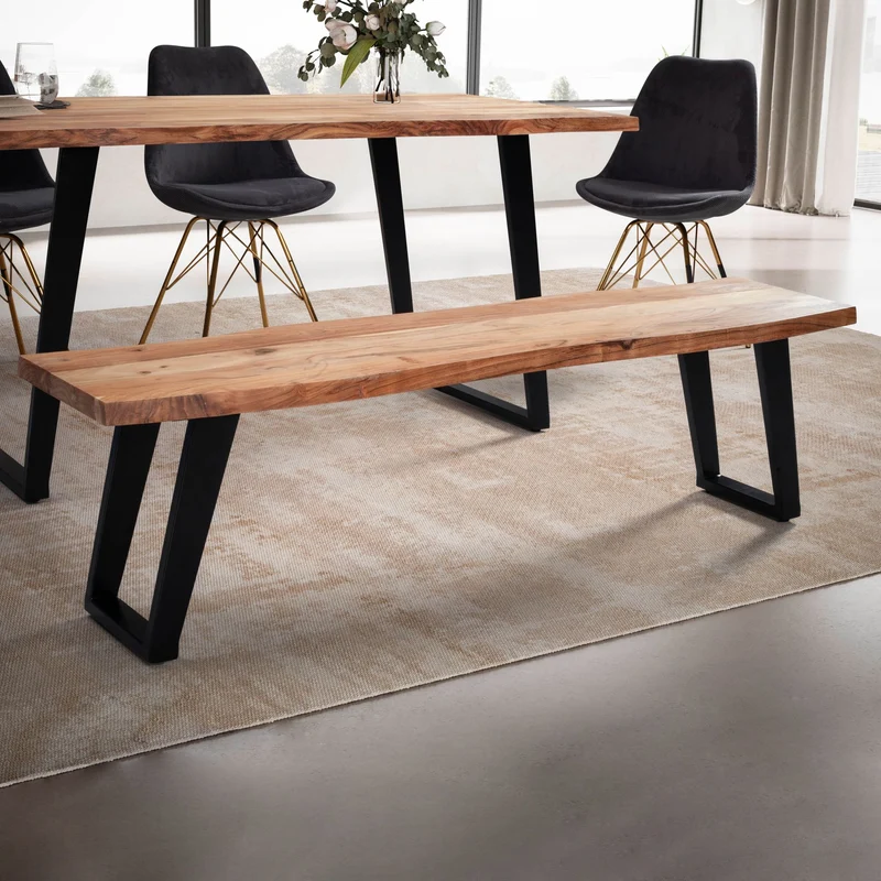 Esszimmerbank 160cm Akazie Massivholz Metall Baumkante U-Beine Modern