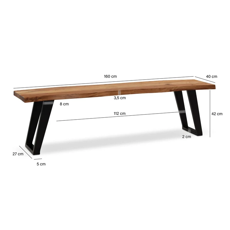 Esszimmerbank 160cm Akazie Massivholz Metall Baumkante U-Beine Modern