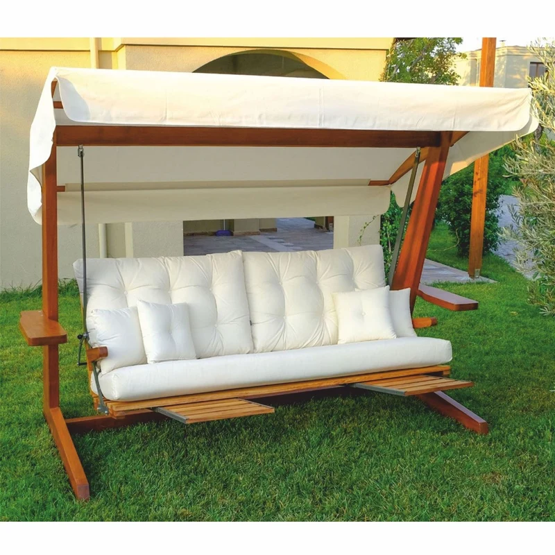 Casa Padrino Luxus Hollywood Schaukel Creme / Braun - Wetterfeste Garten Schaukel mit Sonnendach - Garten Terrassen Hotel Möbel - Luxus Qualität