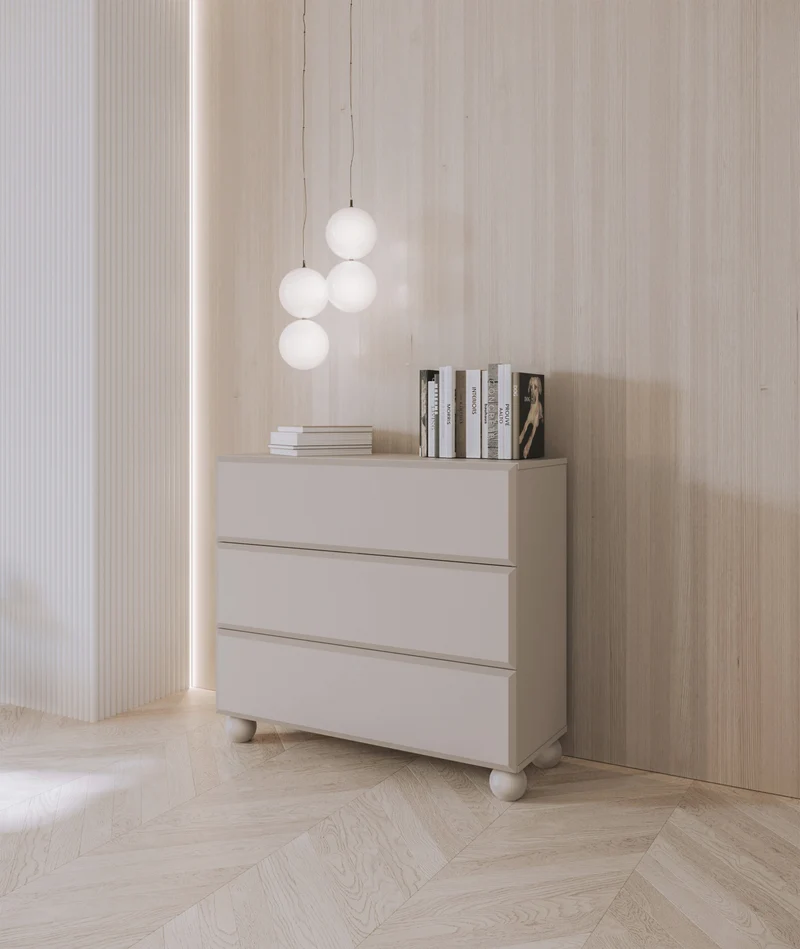 Kommode Chocolated mit drei Schubladen, 100 cm, auf Kugelbeinen, sandbeige