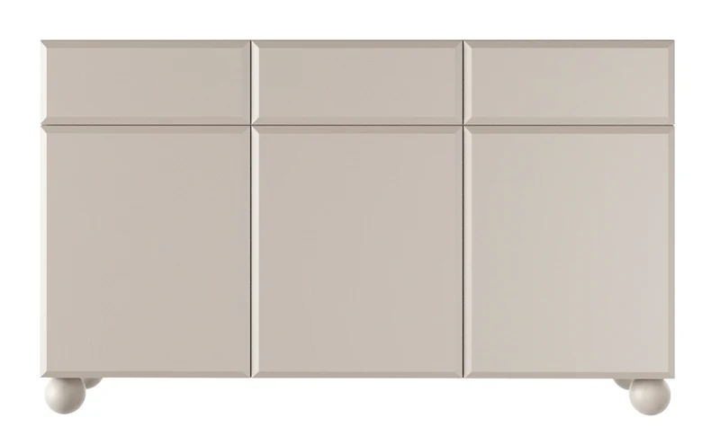 Kommode Chocolated, dreitürig mit drei Schubladen, 150 cm, auf kugelförmigen Beinen, sandbeige