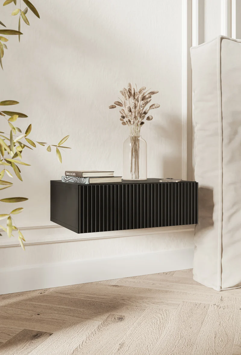 Nachttisch Veldio mit gefräster Front und Schublade 50 cm Schwarz hängend