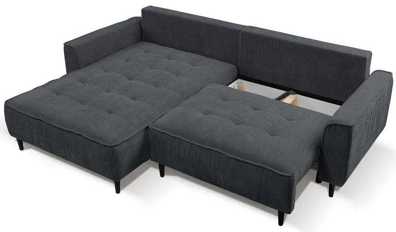 Ecksofa mit Schlaffunktion Blues, L-förmig, linksseitig, mit Stauraum, grafitfarbener Cordstoff