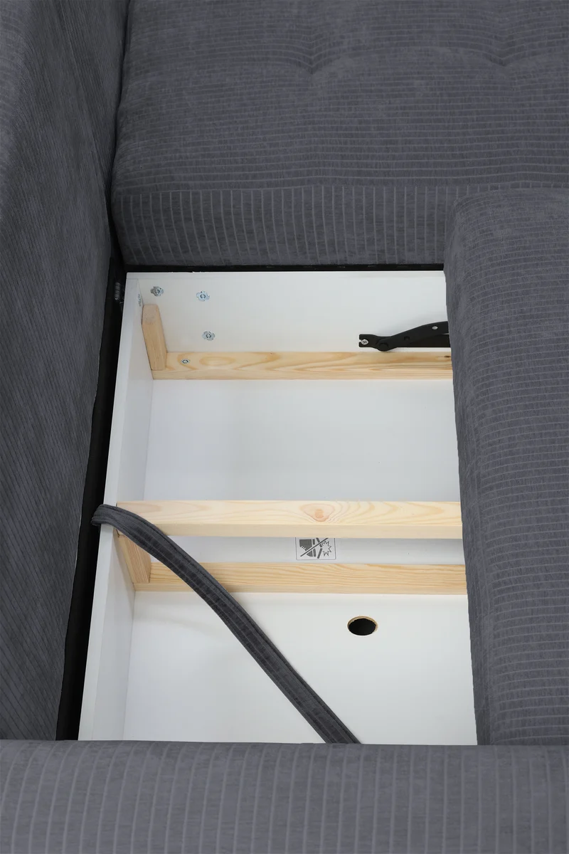 Ecksofa mit Schlaffunktion Blues, L-förmig, rechtsseitig, mit Stauraum, graphitfarbener Cordstoff