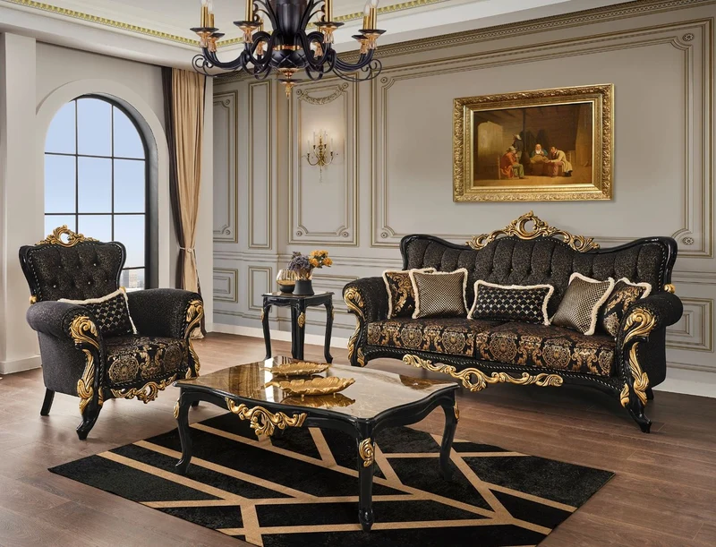 Casa Padrino Luxus Barock Sofa Schwarz / Gold 230 x 80 x H. 126 cm - Prunkvolles Wohnzimmer Sofa mit elegantem Muster und dekorativen Kissen - Barock Wohnzimmer Möbel