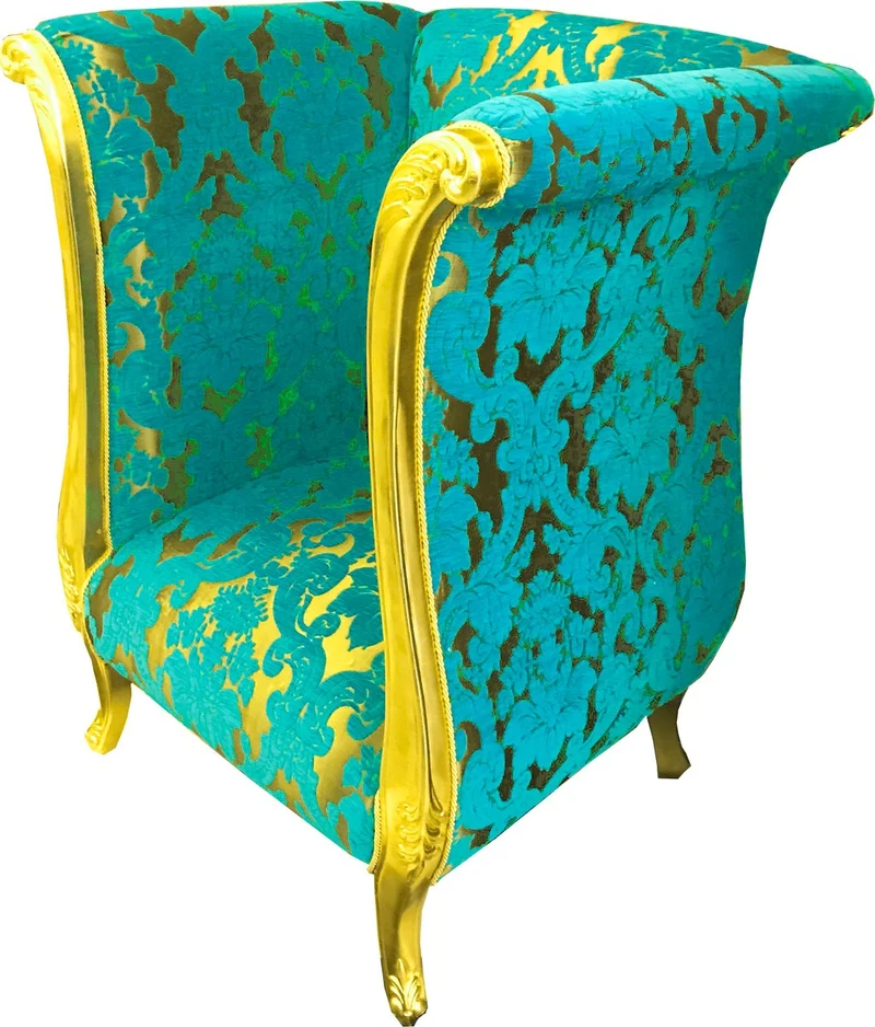 Extravaganter Pompöös by Casa Padrino Luxus Designer Sessel von Harald Glööckler Türkis Bouquet Muster / Gold - Pompööser Barock Sessel