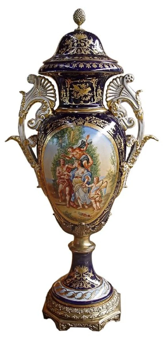 Casa Padrino Luxus Barock Porzellan Vase mit Deckel in Blau und Gold - 126 cm - Limited Edition