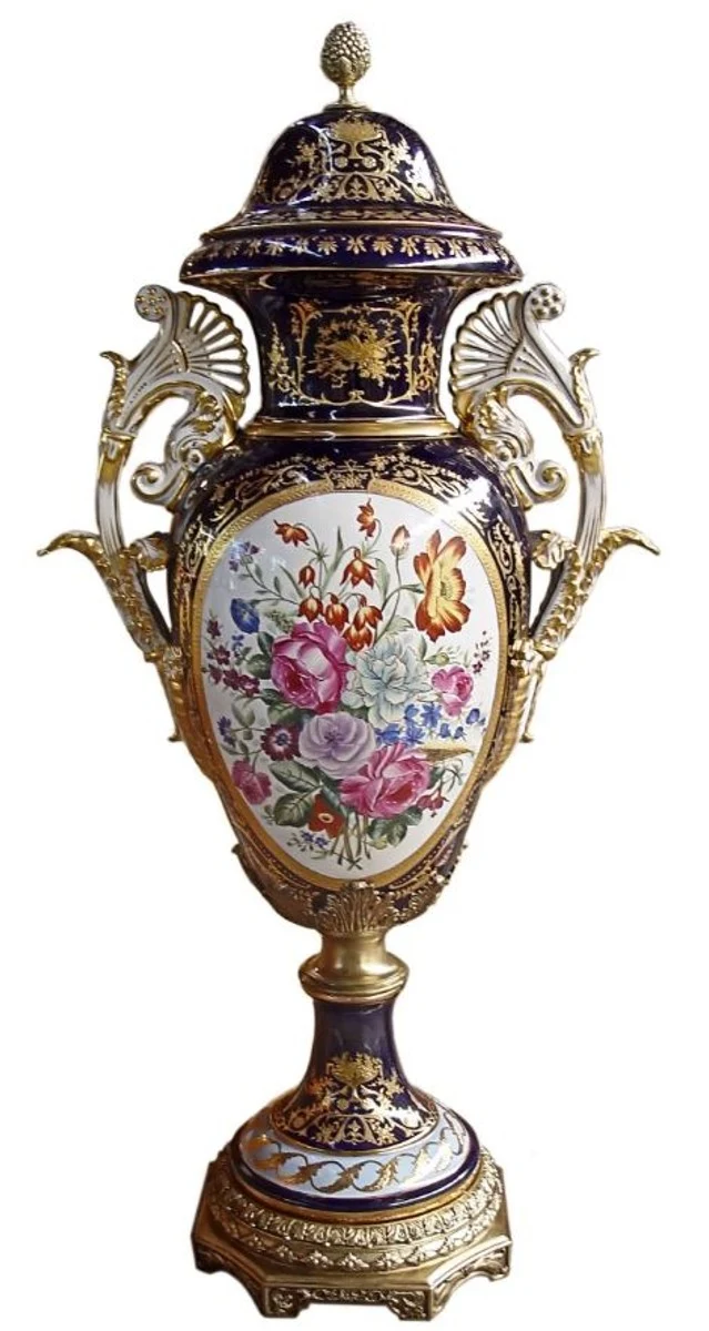 Casa Padrino Luxus Barock Porzellan Vase mit Deckel in Blau und Gold - 126 cm - Limited Edition
