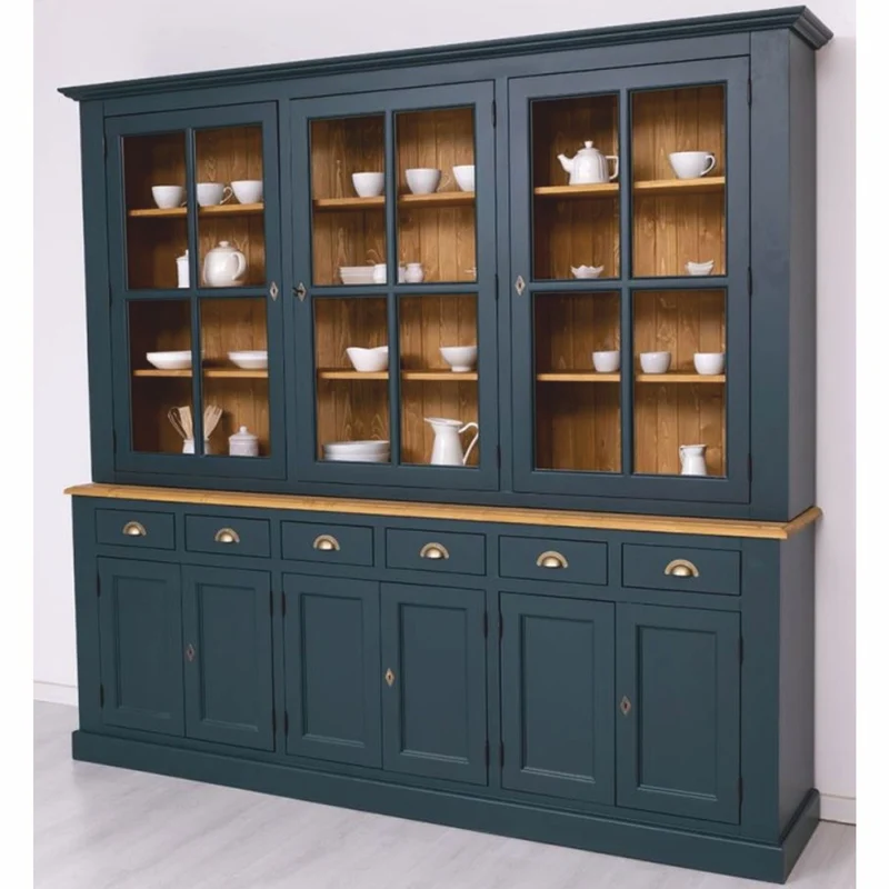 Casa Padrino Landhausstil Esszimmer Schrank Dunkelblau / Naturfarben 245 cm - Esszimmer Möbel
