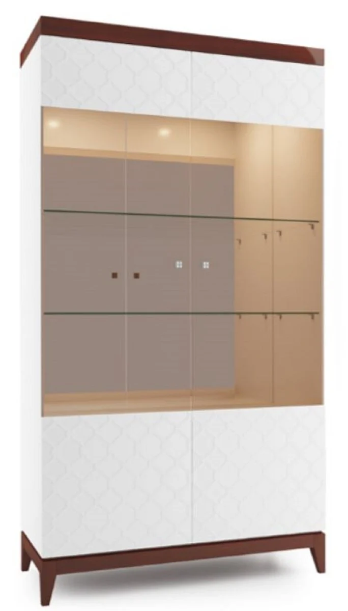 Casa Padrino Luxus Vitrinenschrank Weiß / Hochglanz Braun 111,2 x 45 x H. 205 cm - Beleuchteter Wohnzimmerschrank mit 2 großen Glasregalen - Wohnzimmermöbel