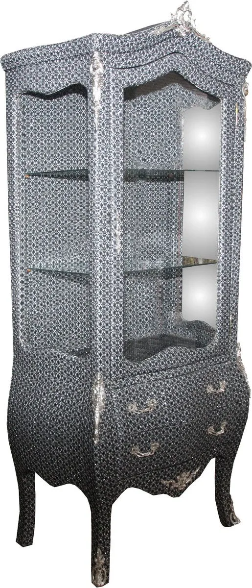 Casa Padrino Barock Vitrine im prunkvollen Schwarz-Silber Glitzerlook, 85 x 50 x 185 cm