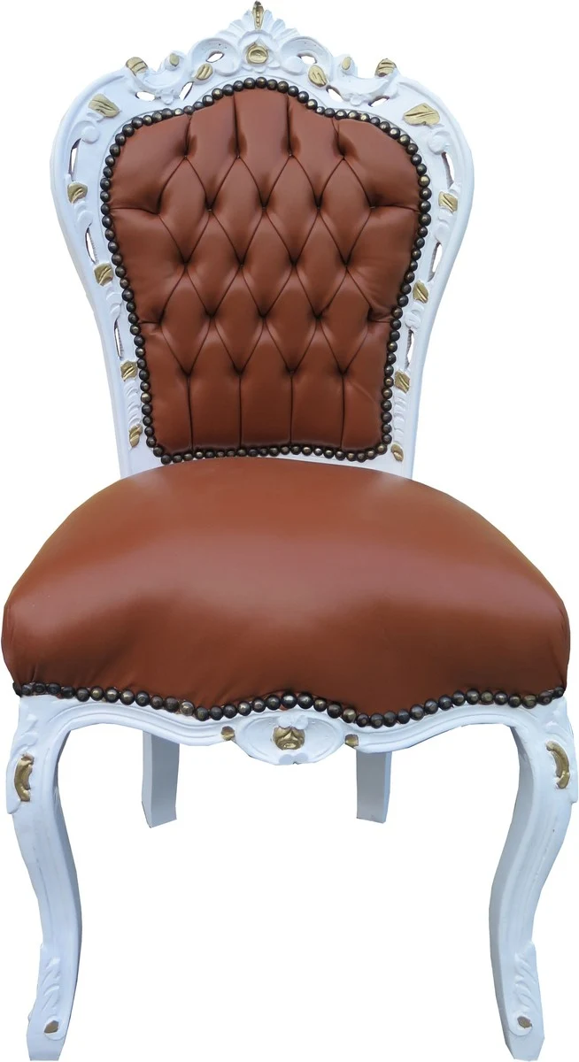 Casa Padrino Barock Esszimmer Stuhl Apricot-Braun Lederoptik Weiß Gold - Limited Edition