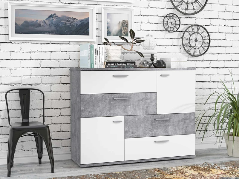 Kommode Sideboard SKIVE Optik: Betonoptik lichtgrau / Weiß von Forte