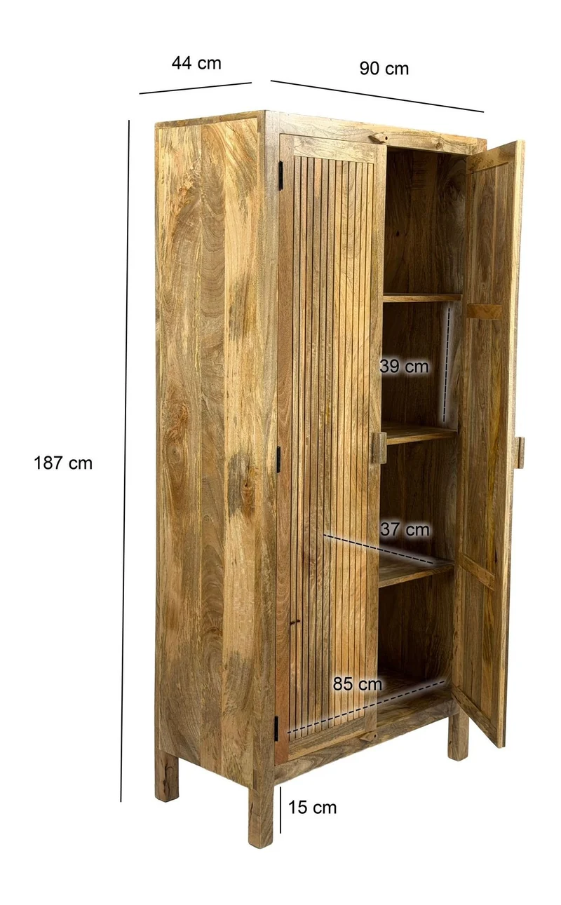 Sideboard Mango Massivholz 90x187cm, Braun mit Lamellen-Front Wohnling