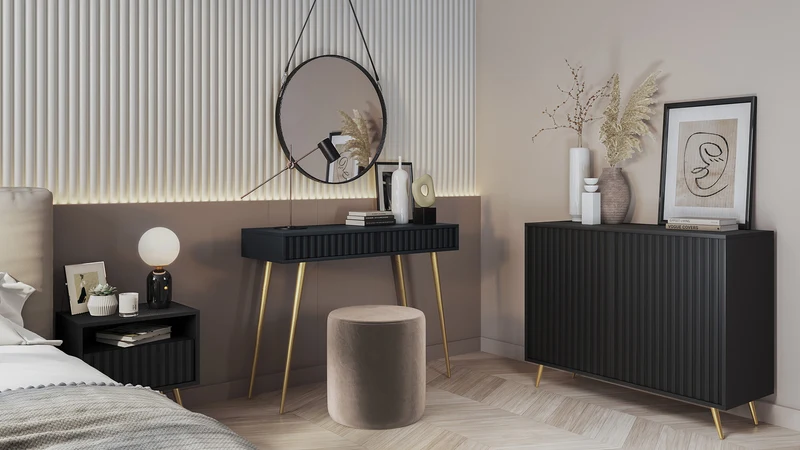 Schminktisch Bello 104 cm schwarz mit goldenen Beinen