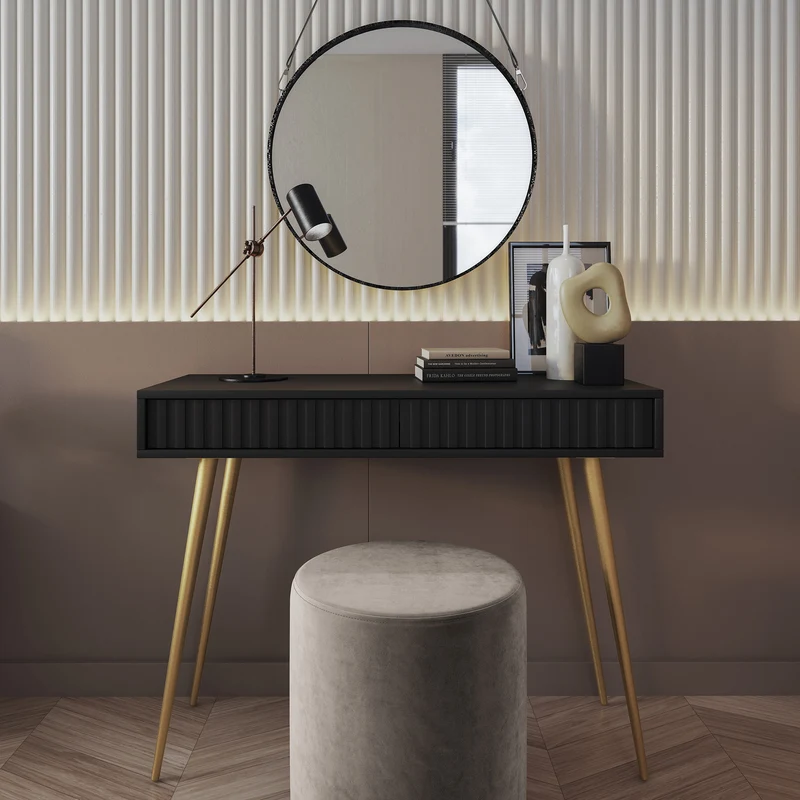 Schminktisch Bello 104 cm schwarz mit goldenen Beinen