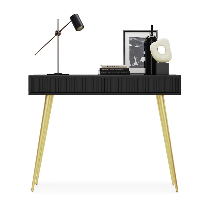 Schminktisch Bello 104 cm schwarz mit goldenen Beinen