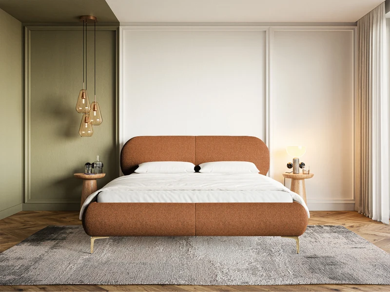 Gepolstertes Bett 160x200 cm Ovalle mit Stauraum, Metallrahmen, kupferfarbenes Geflecht, hydrophob, goldene Beine