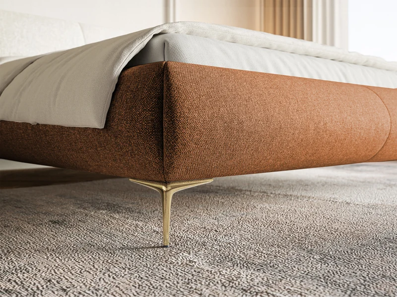 Gepolstertes Bett 160x200 cm Ovalle mit Stauraum, Metallrahmen, kupferfarbenes Geflecht, hydrophob, goldene Beine