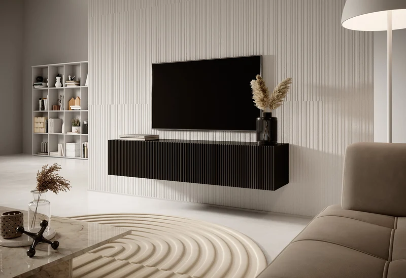 Schwarzer, hängender Veldio TV-Schrank mit gefräster Front, 140 cm