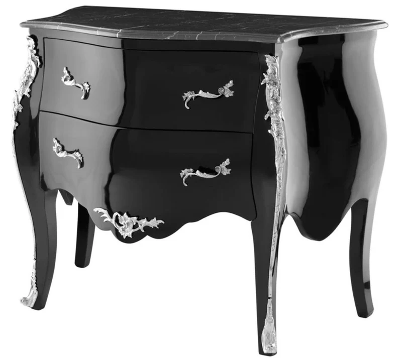Casa Padrino Luxus Barock Kommode mit 2 Schubladen und Marmorplatte Hochglanzschwarz / Silber / Schwarz 100 x 53 x H. 85 cm - Luxus Möbel im Barockstil