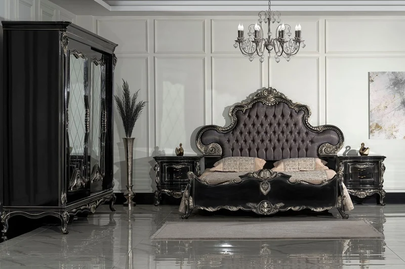 Casa Padrino Luxus Barock Schlafzimmerschrank Schwarz / Silber - Prunkvoller Massivholz Schrank mit 2 verspiegelten Schiebetüren - Barock Kleiderschrank - Barock Schlafzimmer Möbel