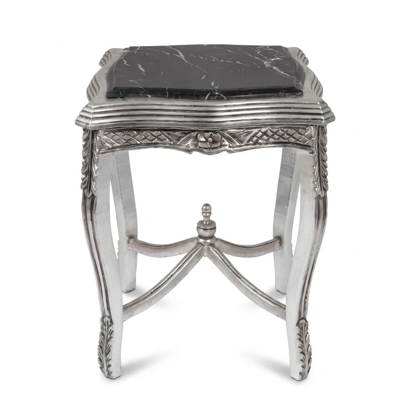 Casa Padrino Barock Beistelltisch Silber / Schwarz - Handgefertigter Antik Stil Massivholz Tisch mit Marmorplatte - Wohnzimmer Möbel im Barockstil - Antik Stil Möbel - Barock Möbel