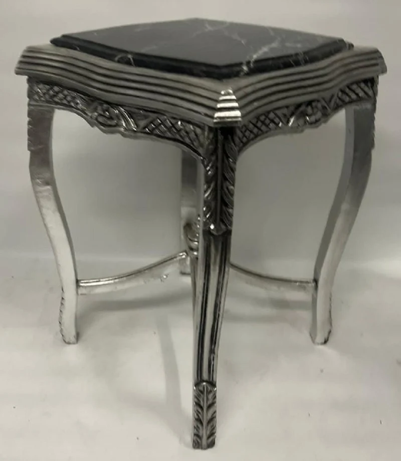 Casa Padrino Barock Beistelltisch Silber / Schwarz - Handgefertigter Antik Stil Massivholz Tisch mit Marmorplatte - Wohnzimmer Möbel im Barockstil - Antik Stil Möbel - Barock Möbel