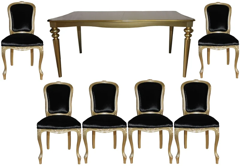 Casa Padrino Barock Luxus Esszimmer Set Schwarz/Gold - Esstisch + 6 Stühle - Möbel Antik Stil - Luxus Qualität - Limited Edition