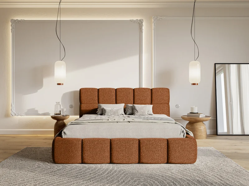 Gepolstertes Bett 160x200 cm Cloudy in kupferfarbenem hydrophobem Chenillestoff