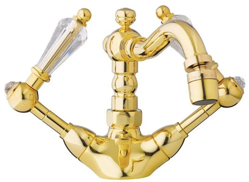 Casa Padrino Luxus Jugendstil Waschtisch Armatur mit Swarovski Kristallglas Gold H. 14,5 cm - Nostalgisches Bad Zubehör - Luxus Qualität - Made in Italy