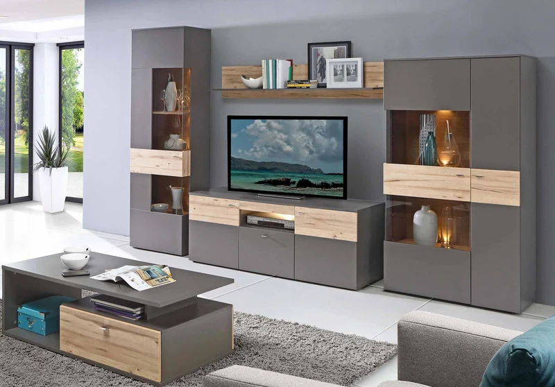 Highboard Vitrine halbhoch COMO Optik: Grau / Planked Eiche von Forte