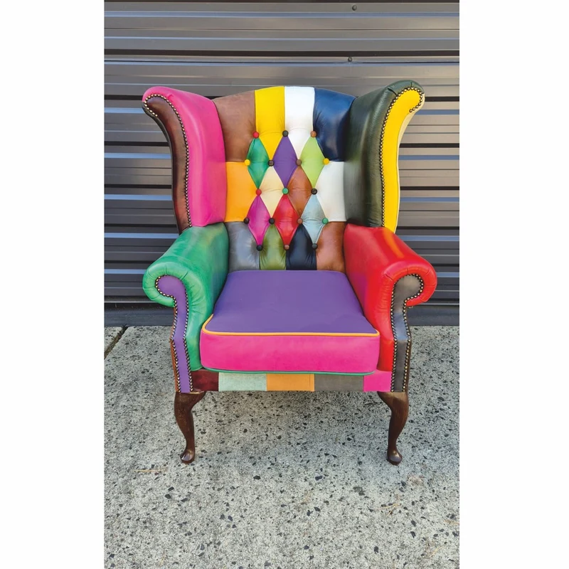 Casa Padrino Luxus Chesterfield Ohrensessel Bunt / Dunkelbraun - Patchwork Echtleder Möbel