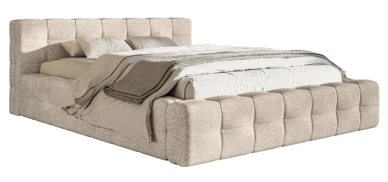 Gepolstertes Bett Puffly 140x200 cm mit Stauraum, Metallrahmen, beiger Chenille-Stoff