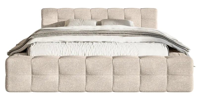 Gepolstertes Bett Puffly 140x200 cm mit Stauraum, Metallrahmen, beiger Chenille-Stoff