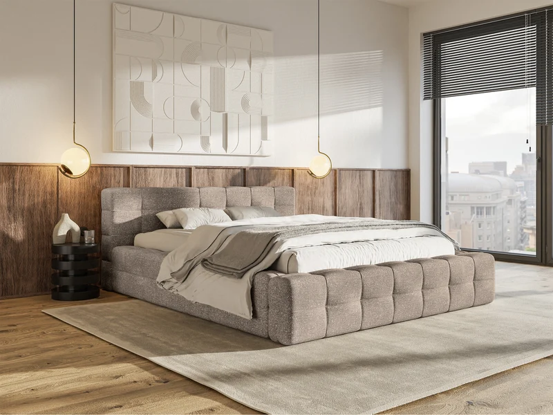 Polsterbett Puffly 180x200 cm mit Stauraum, Metallrahmen, hellbraunes Chenille