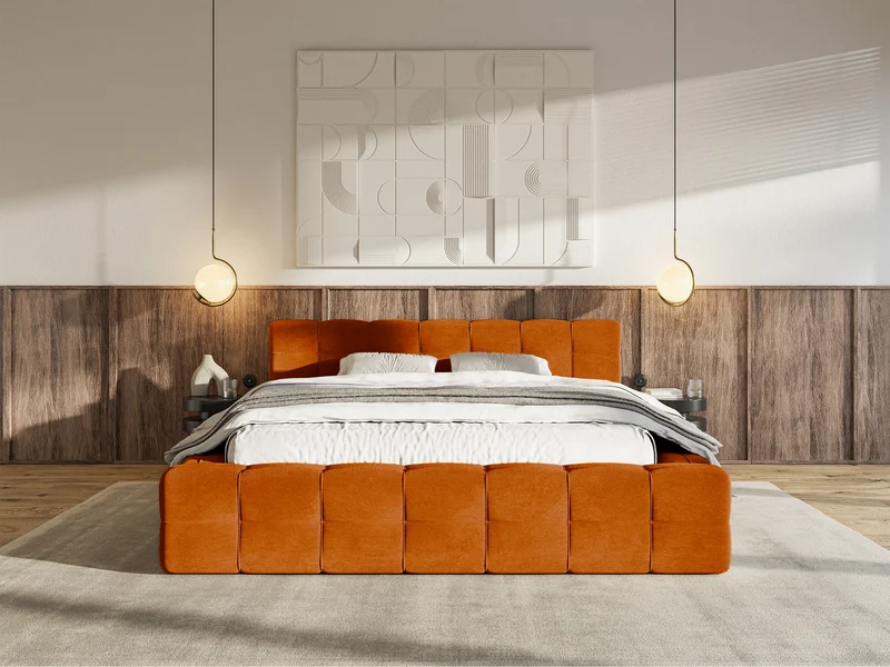 Polsterbett Puffly 140x200 cm mit Stauraum, Metallrahmen in Kupfer, Samt