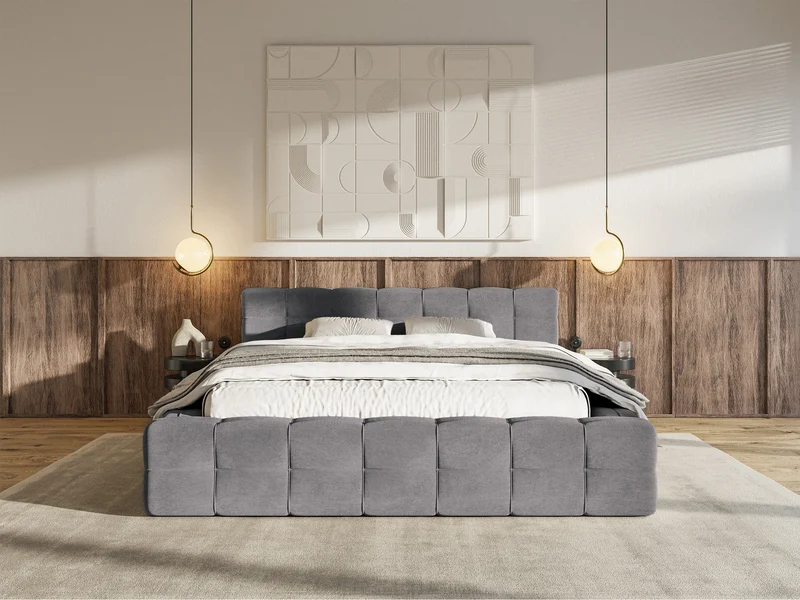 Polsterbett Puffly 140x200 cm mit Stauraum, Metallrahmen, grauer Samt