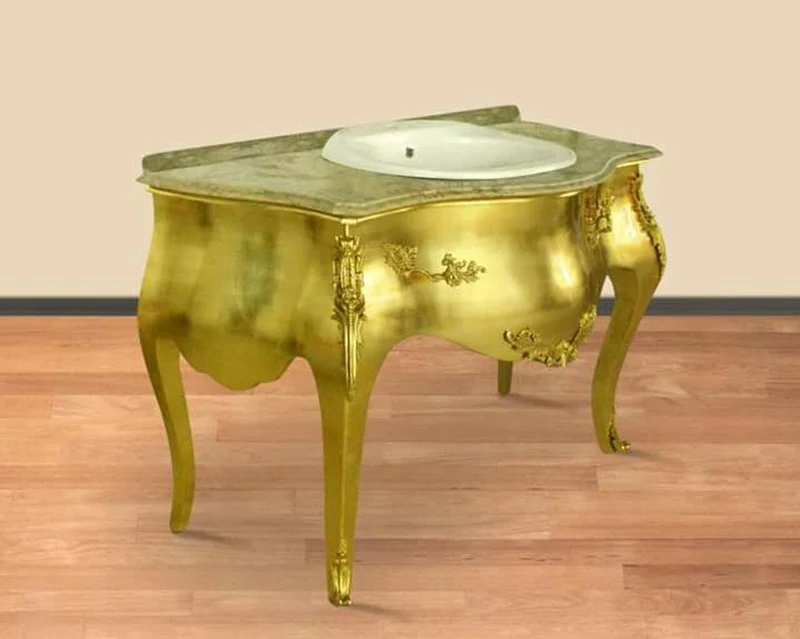 Casa Padrino Luxus Barock Waschtisch Gold mit cremefarbener Marmorplatte - Luxus Barock Badezimmermöbel 124 x 54 x 92 cm