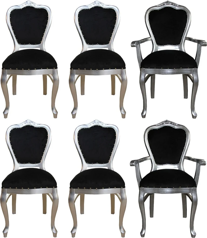Casa Padrino Luxus Barock Esszimmer Set Schwarz / Silber - 6 handgefertigte Esszimmerstühle - 2 Stühle mit Armlehnen und 4 Stühle ohne Armlehnen - Barock Esszimmermöbel