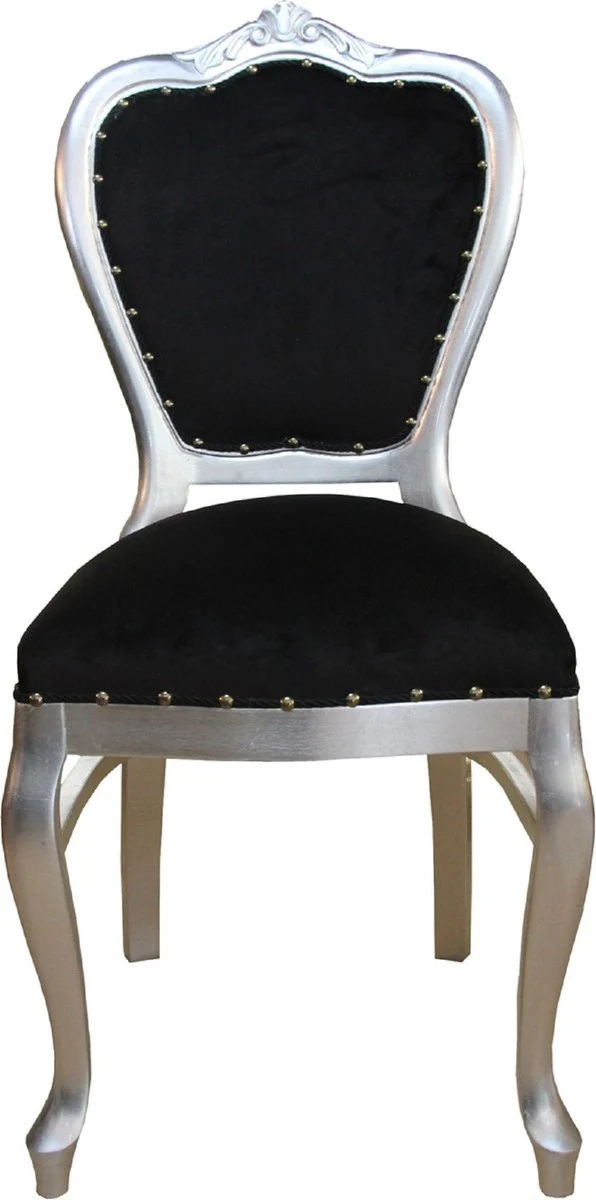 Casa Padrino Luxus Barock Esszimmer Set Schwarz / Silber 45 x 46 x H. 99 cm - 4 handgefertigte Esszimmerstühle - Barock Esszimmermöbel