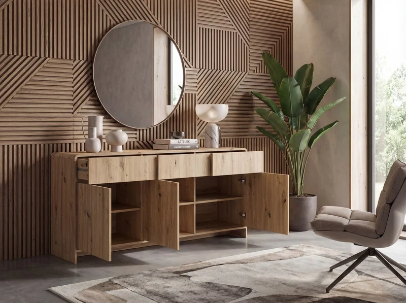 Sideboard Eiche Dekor 155 cm grifflos mit Push-to-Open, Wohnling