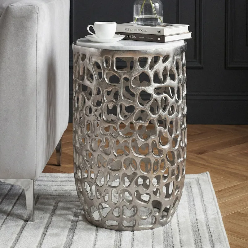 Beistelltisch Aluminium & Marmor rund 30 cm, Silber von Wohnling