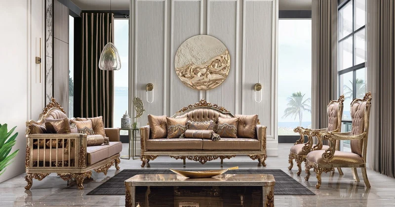 Casa Padrino Luxus Barock Wohnzimmer Set Kupfer / Antik Silber / Gold - 2 Barock Sofas & 2 Barock Sessel & 1 Barock Couchtisch - Luxus Wohnzimmer Möbel im Barockstil - Barock Möbel