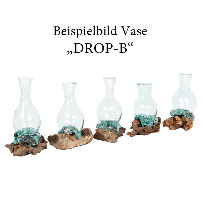 Individuelle Teak Blumenvase DROP ca. H45cm Unikat Glas-Kunstwerk