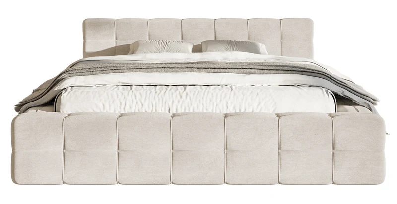 Gepolstertes Bett Puffly 160x200 cm mit Stauraum, Metallrahmen, grau-beiger Samt