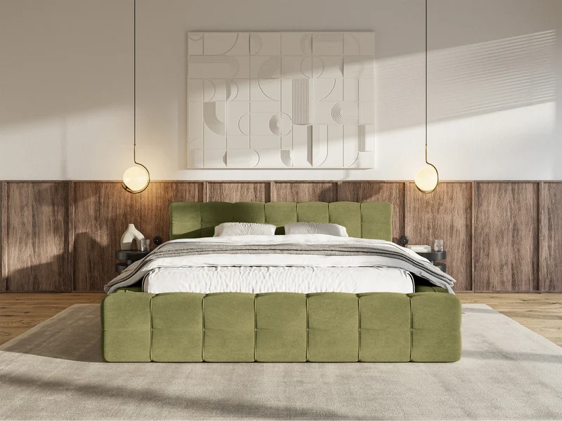 Gepolstertes Bett Puffly 180x200 cm mit Stauraum, Metallrahmen, olivgrüner Samt
