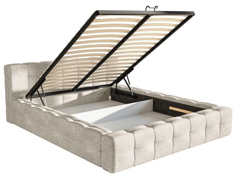 Polsterbett Puffly 140x200 cm mit Stauraum, Metallrahmen, cremefarbener Chenille-Bezug