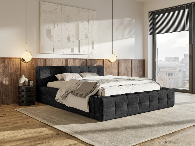 Gepolstertes Bett Puffly 140x200 cm mit Stauraum, Metallrahmen schwarz, Chenille